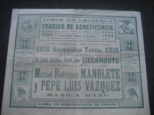 Programme Toros Plaza D'Orihuela, Alicante 1943. Manolete, Pepe Luis Vazquez - Picture 4 of 4