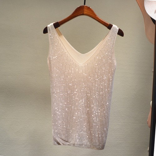 Women Camisole Tank Top Crystal Glitter Bling Deep V Neck Vest Top Blouse Casual - Picture 5 of 17