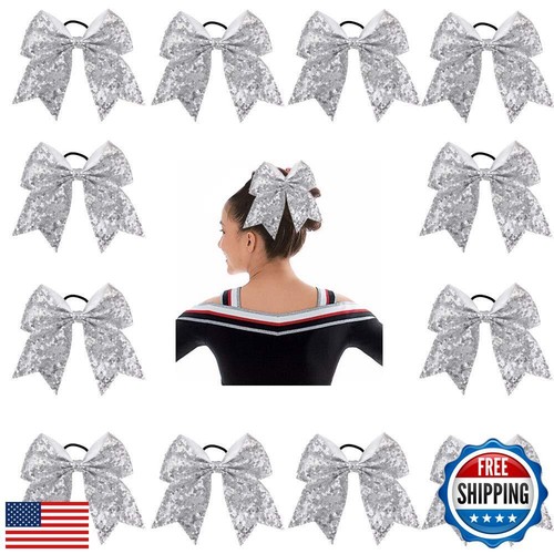 Oaoleer 12PCS 7" Large Glitter Cheer Hair Bows Ponytail Holder Elastic Band H
