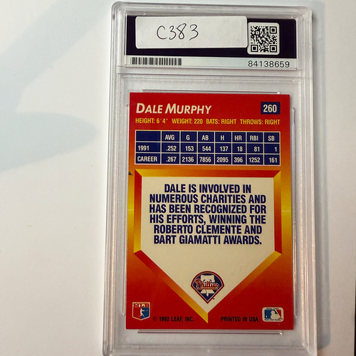 Dale Murphy Unterzeichnet 1992 Donruss Triple Play #260 PSA Auto Authentisch - Bild 2 von 2