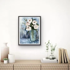 Original Oil painting White flowers in vase  Impressionism blue green impasto