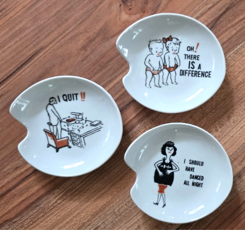 Three vintage risqué novelty dishes — retro naughty humor baked right into mid-century tableware that doubles as a conversation starter.