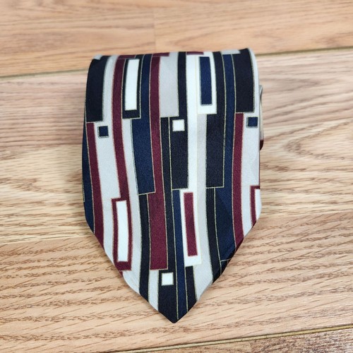 Zylos George Machado Men's 100% Italian Silk Tie Geometric Pattern Burgundy/Navy - Picture 2 of 6