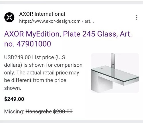 Hansgrohe Platte 245 Axor 4790100 Kunstglas Brandneu, UVP über 200