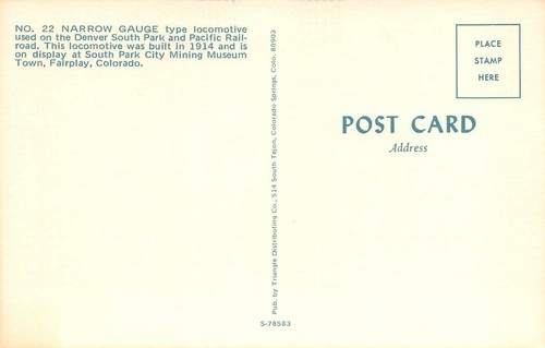 Denver South Park Narrow Gauge Steam Locomotive Engine # 22 Train Vtg Postcard - Picture 2 of 2