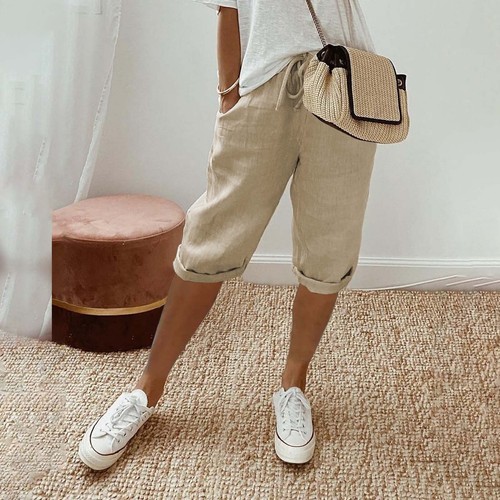 Womens Knee Length Short Pants Ladies Loose Drawstring Casual Solid Color Shorts - Picture 43 of 60