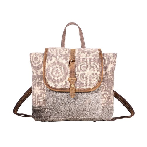 Myra Bag Handmade Dreamer Backpack Upcycled Canvas & Cowhide Leather - Picture 2 of 6