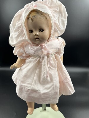 【antique doll】lithograph vintage ANTIQUE Composition Baby Doll 18”Open Mouth Blinking Eyes
