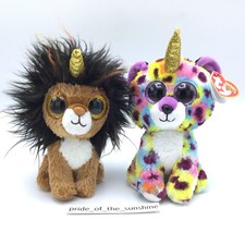 Ty Silk Beanie Boos Lot of 2 Unicorns Giselle the Rainbow Leopard + Ramsey Lion