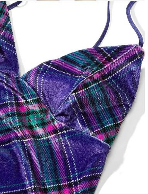 UNDERCOVER NUOVO Victoria's Secret XS abito slip in velluto blu a quadri camicia da notte