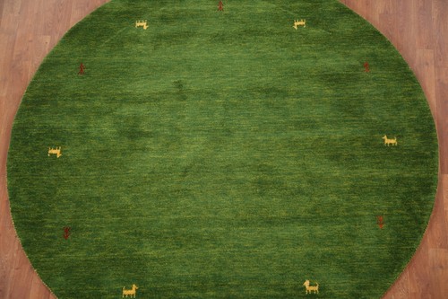 Green Contemporary Gabbeh Area Rug 7x7 Round Hand-knotted Wool Carpet - Picture 3 of 12