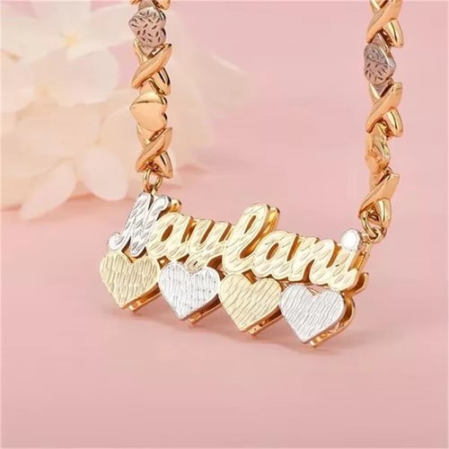 Customized Name Two Color Name Necklace Heart Pendant Stainless Steel XOXO Chain - Picture 2 of 9