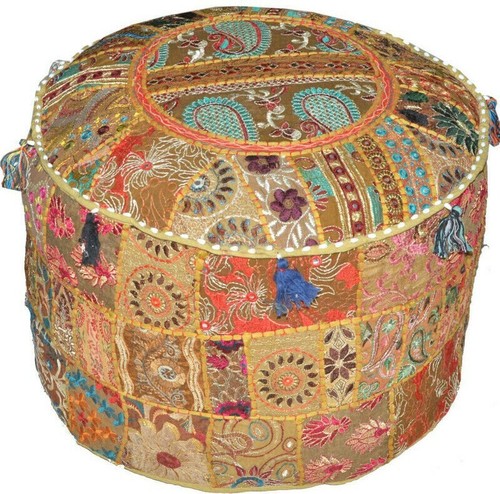 18" New Indian Patchwork Pouf Ottoman Foot Stool Round Cover Poof Floor Pillow - Picture 3 of 3