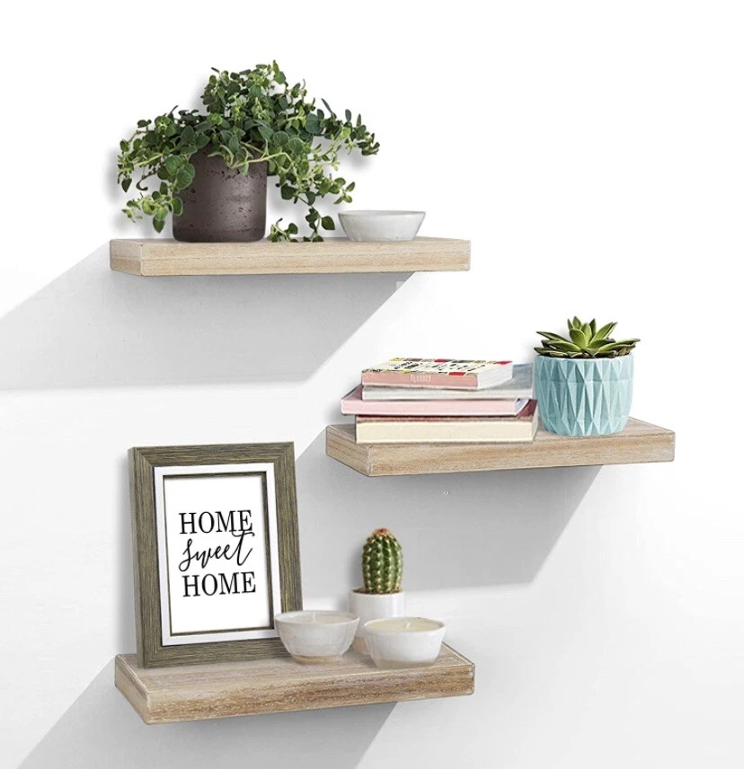 AHDECOR Floating Wall Mounted Shelves Set of 3 Display Rustic Wood Ledge Shelve