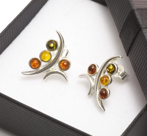 NATURAL BALTIC AMBER STERLING SILVER 925 Gamestone Earrings Stud Certified & Box - Picture 6 of 10