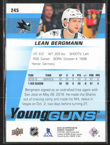 2019-20 Upper Deck #245 Lean Bergmann Young Guns Rookie RC - Picture 2 of 2