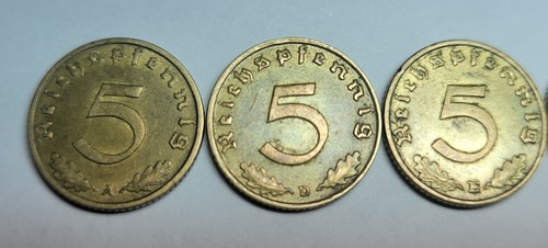 GERMANY 5 PFENNIG LOT OF 6 COINS 1937 A - J THIRD REICH CU-NI FULL SET RARE - Picture 3 of 6