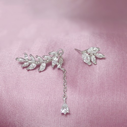 Sterling Silver Leaf Branch CZ Cuff Climber Crawler Post Stud Earrings - Picture 3 of 11