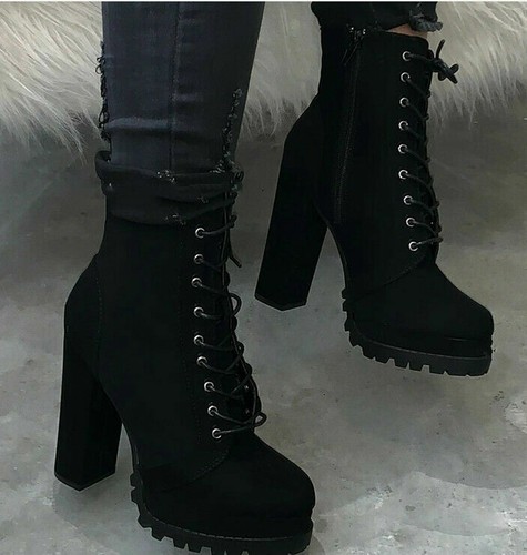 New Women's Ankle Boots High Block Heels Lace Up Platform Punk Chunky Boot Shoes - Picture 8 of 14