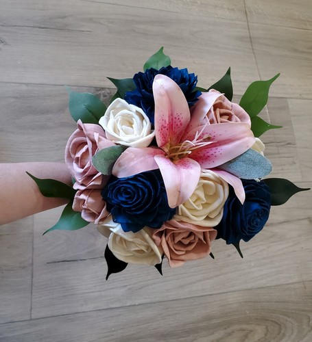 Stargazer Lily Bridal Cascading Bouquet Pink & Navy Sola Wood Cascade Bridesmaid - Picture 11 of 28