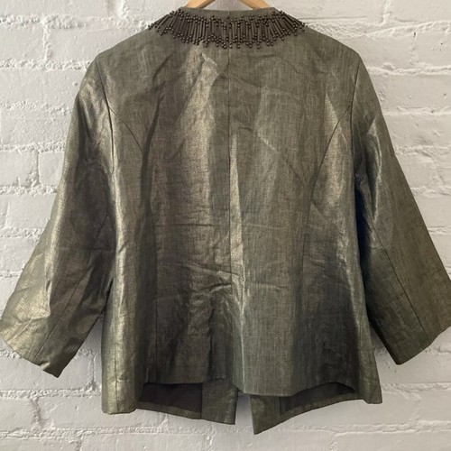 Chicos Linen Blazer Womens Size 2 / Large Foil Shimmer 3/4 Sleeve Beaded Jacket - Picture 7 of 12