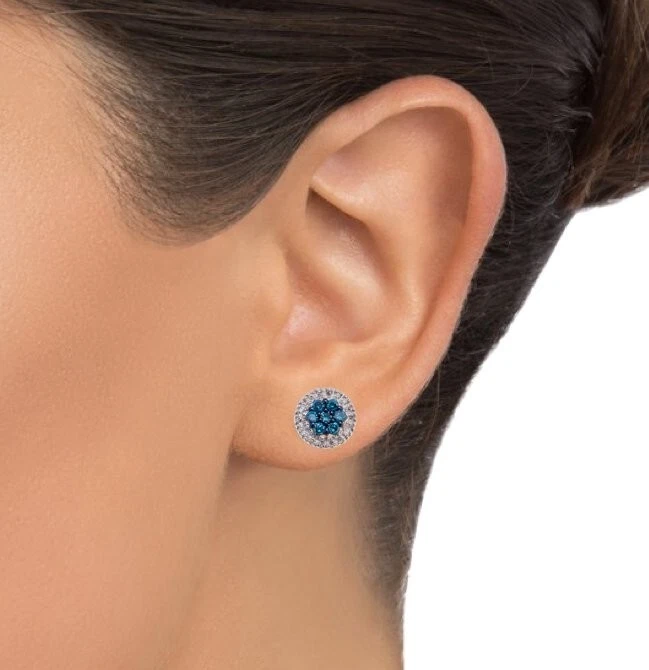 Pendientes con halo de diamantes azules y blancos de plata de ley rarezas Foto 3 de 3