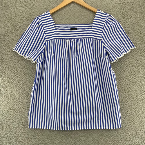Talbots Top Womens Large Blue Striped Short Sleeve Scalloped Square Neck Blouse - Picture 10 of 11