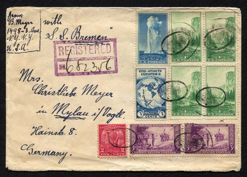 1934 SS Bremen Ship to Shore NY to Mylau Germany Registered Naval Cover Franked - Zdjęcie 1 z 2