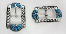 Pair Turquoise Flower Buckles Antiqued Nickel Horse Tack Sizes Belt Western New