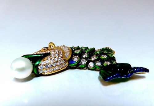 Natural Akoya Pearl Sapphire Emerald & Diamonds Enamel Fish Pendant 18kt - Picture 3 of 10