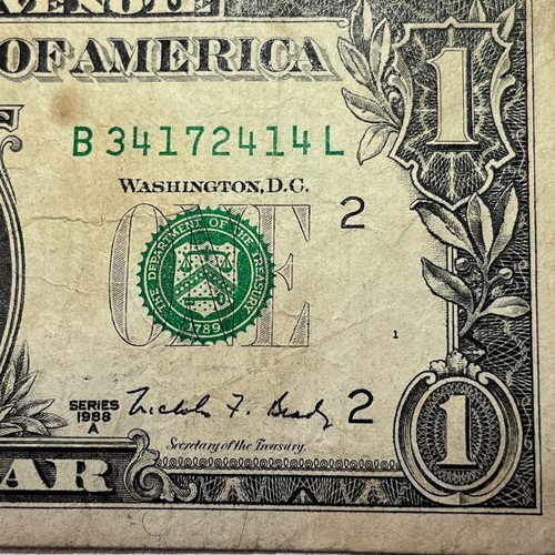 B L Web Press Note Plate 1 and 1 Rare Single Production One Dollar Bill