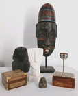 Lot Ethnic African Egyptian Decor Wooden Face King Tut Cycladic Head Chalice Box