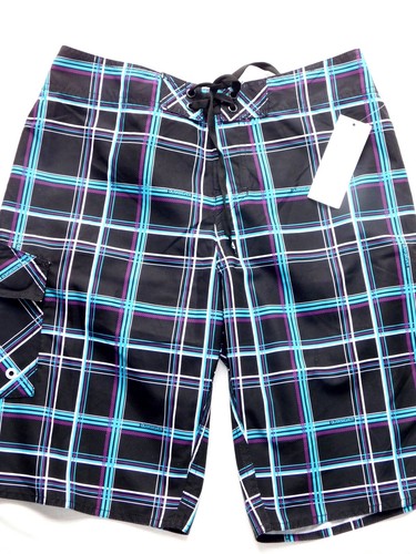 NEW BOYS 7 BLACK/TEAL PLAID QUIKSILVER ADJUSTABLE WAIST BOARD SHORTS TRUNKS SUIT