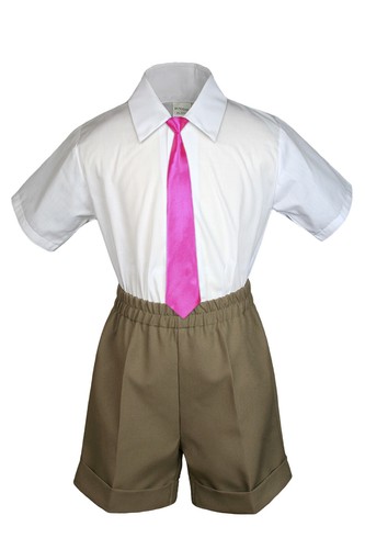 3pc Set Boy Baby Toddler Formal Party TAUPE Shorts Choose a Color Long Tie - Picture 2 of 26