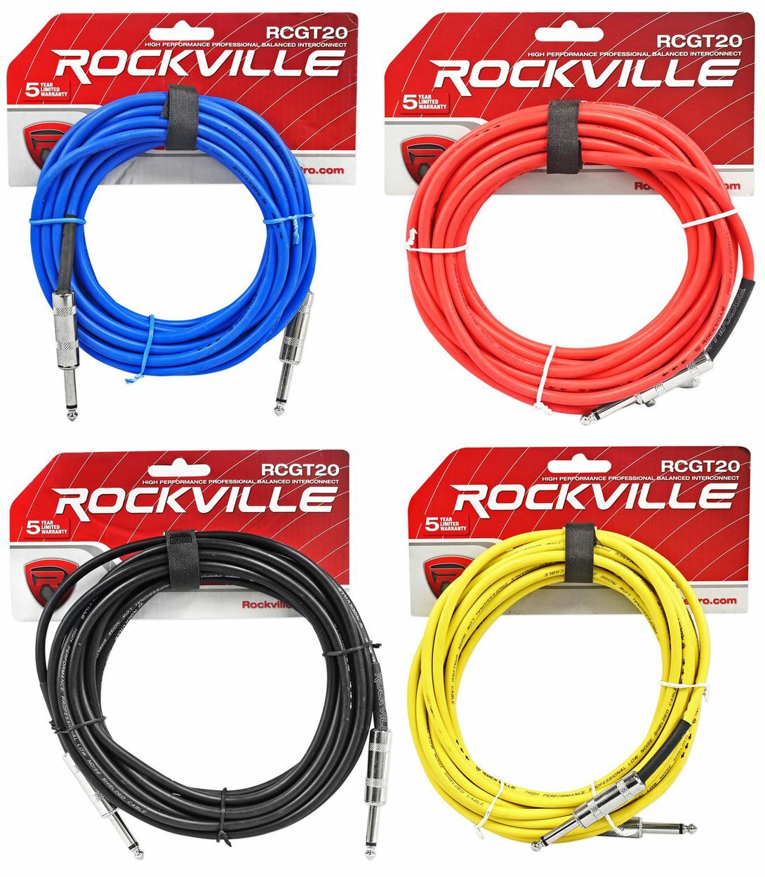 4 Гитарных/инструментальных кабеля Rockville 20 от 1/4 TS до 1/4 TS (4 цвета)