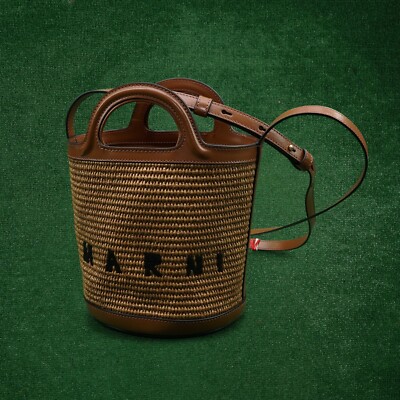 ハンドバッグ Marni Brown Raffia And Leather Tropicalia Bucket Bag Tropicalia Small Bucket Bag in brown leather and raffia