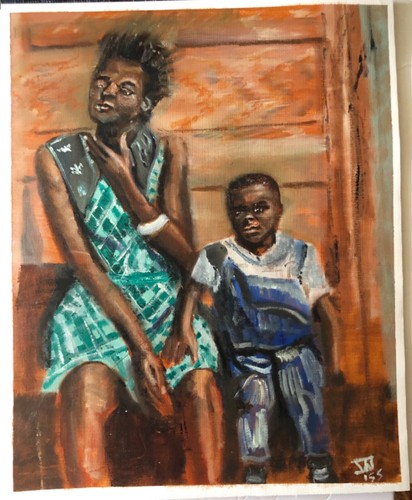 Original African American Painting Black Art Oil Mother Son Unframed Signed - Picture 11 of 13