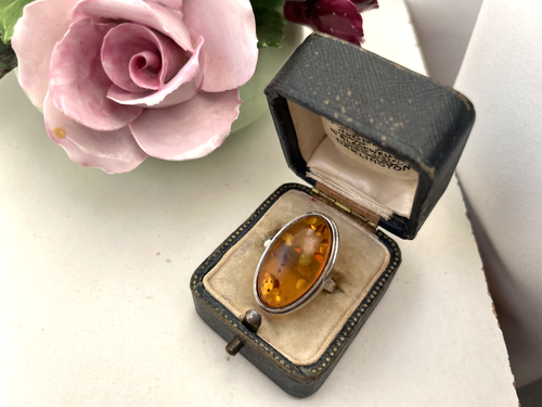 GORGEOUS VINTAGE MODERNIST 925 SOLID STERLING SILVER AMBER RING SIZE M 6 - Picture 5 of 16