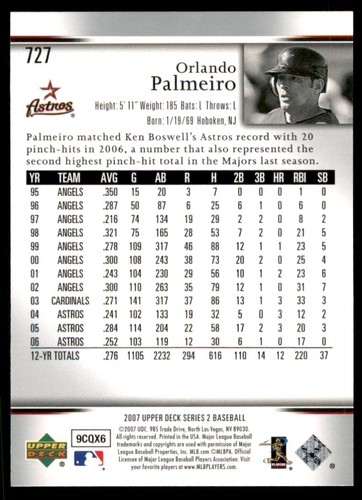 2007 Upper Deck Orlando Palmeiro Houston Astros #727 - Picture 2 of 2