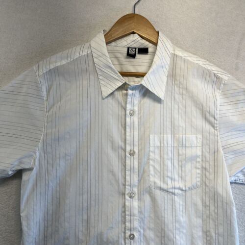 Rusty Shirt Men Large White Striped Button Up Short Sleeve Skater Surf Logo - Picture 2 of 8