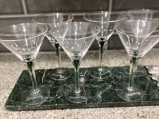 Set Of 6 Etched  Tanqueray  No 10 Green Filament Teardrop Stem Martini Glasses