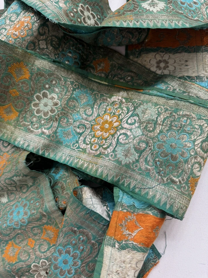 Antique Vintage Jade Green Heavy Silk Brocade Ribbon Silver Metal Thread 5”x 50” - Image 3 of 4