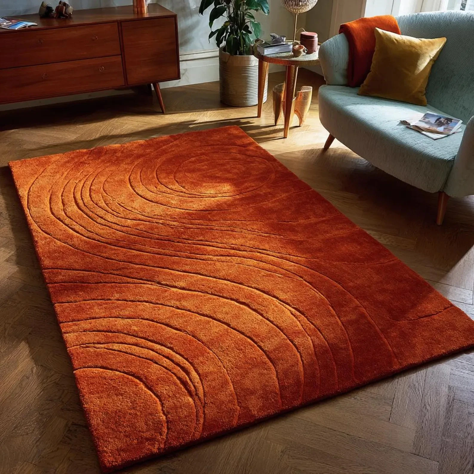 Abstract Modern Rug Orange Wavy Hand tufted Design Handmade Home-decor Carpet