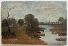 M. DIXON BRITISH OIL "ENGLISH RIVER SCENE NEAR VILLAGE" C 1900