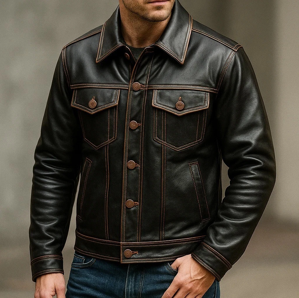 Men’s Black Genuine Leather Trucker Jacket – Vintage Style Button Up Biker Coat
Opens in a new windo