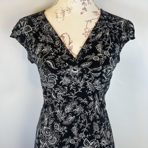 Y2K Boho Chic Jane Norman Black & White Floral Dress V Neck Tie Waist UK 10 - Picture 2 of 12