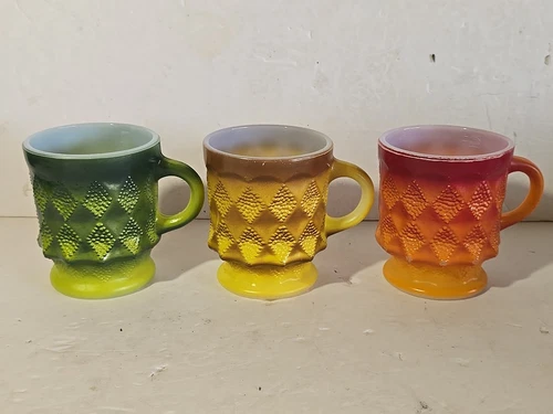 VTG Fire King Anchor Hocking Mugs Set 3 Orange Green Yellow Oven Proof 1950-60s 
