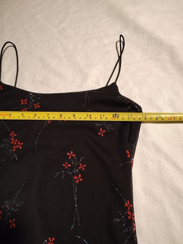 Vtg 90s Y2K Slip Dress Red Black Sparkly Floral Asymmetric Midi Whimsigoth SMALL - Picture 9 of 9
