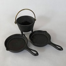 Vintage Mid-Century Cast Iron Miniature Footed Kettle and Two Skillet Pans