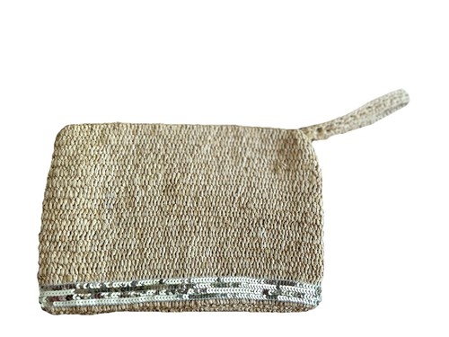 Vanessa Bruno Raffia Clutch Bag / Wristlet Pouch Zipped With Gold Sequins - Picture 3 of 13